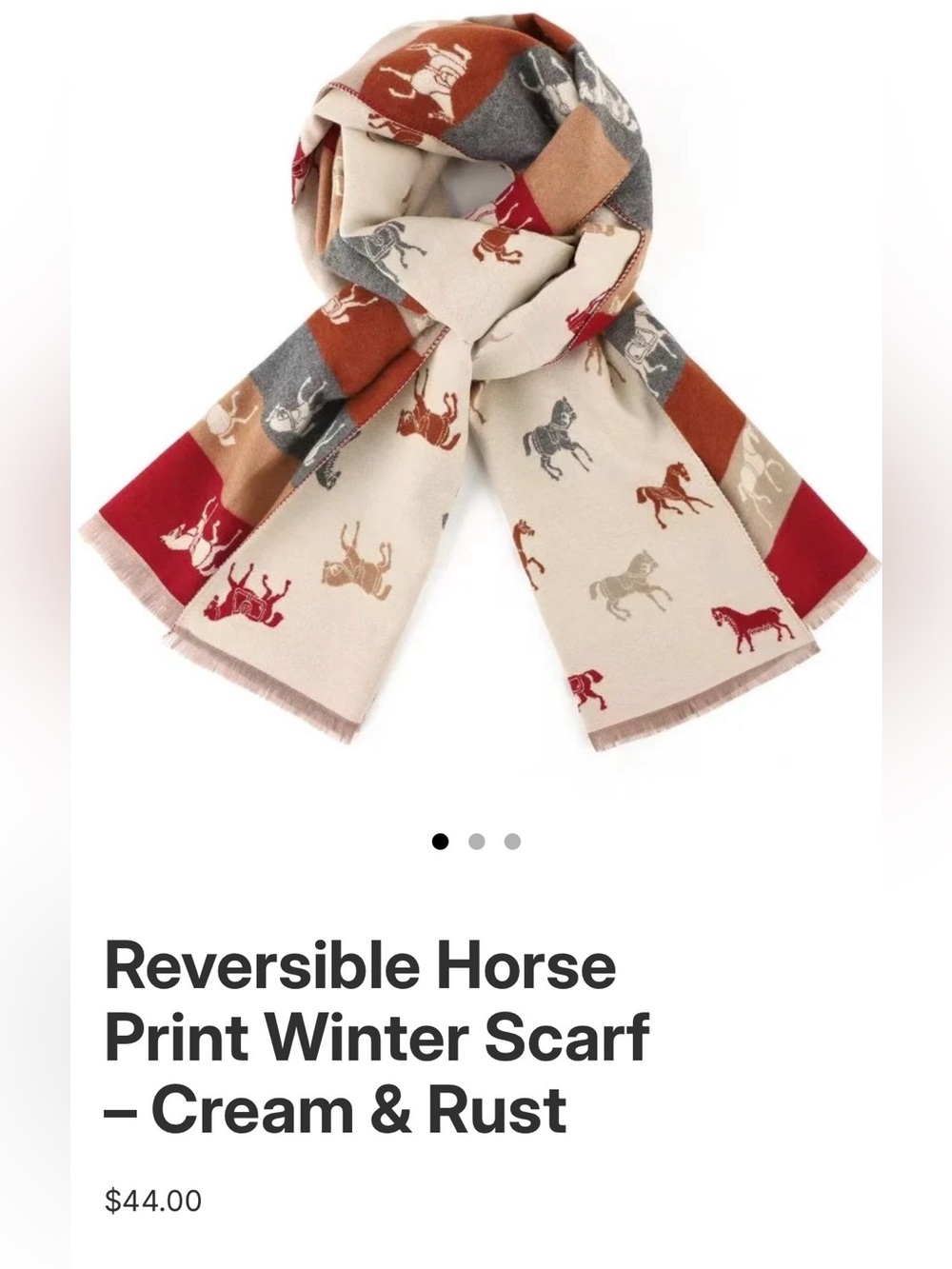 Reversible Horse pony Print Country styl Rectangle Scarf w/ Fringe - Cream Rust